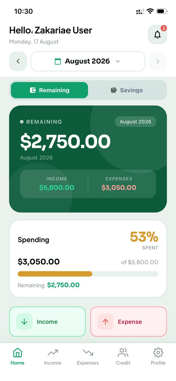 Built for MENA households: track income, expenses, budgets, Tawfir savings, and informal credit — in English, French, and Arabic with RTL.